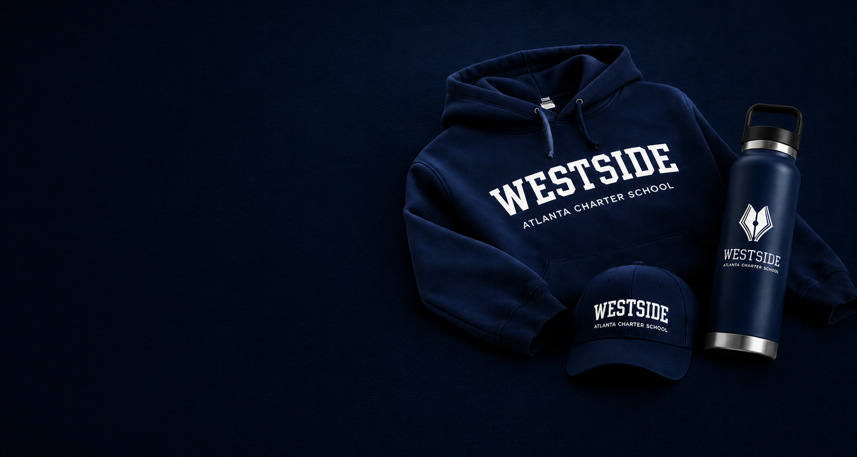 Westside hoodie, cap, and insulated water bottle on a navy background