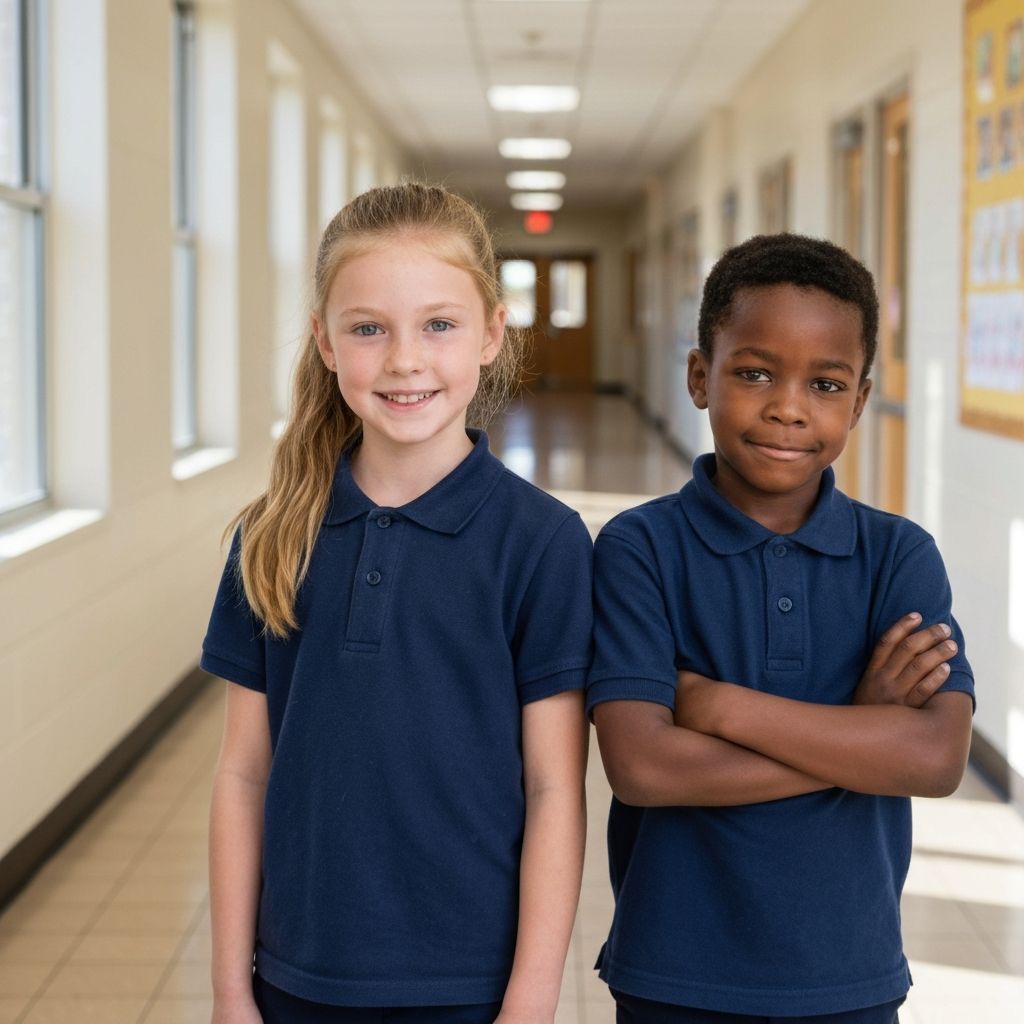 Two Westside students in navy uniforms standing confidently in a school hallway